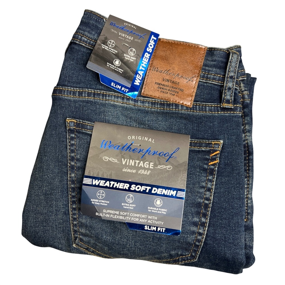 Weatherproof Vintage Mens Slim Fit Weather Soft Denim Jeans Dark Wash 30x30 NEW